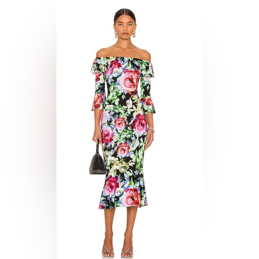 Norma Kamali Off Shoulder Ruffle Fishtail Dress in floral garden